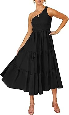 ZESICA Women's Bohemian Summer Floral Print One Shoulder Sleeveless Smocked Ruffle Tiered Beach L... | Amazon (US)