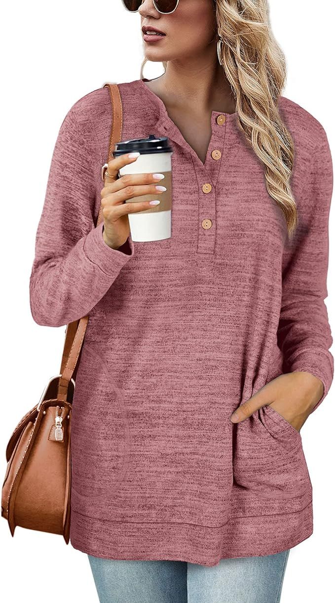 NIASHOT Sweatshirts for Women Button Up Tunic Tops with Pockets Cozy Oversized V Neck Henley Shir... | Amazon (US)