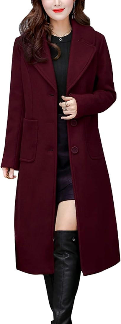 chouyatou Women's Big Notch Lapel Single Breasted Mid-Long Wool Blend Coat | Amazon (US)
