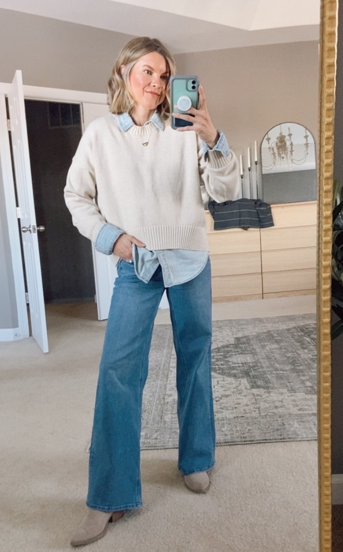 Casual Sunday OOTD
Quince Sweater in “speckled beige” color
Layered with light blue chambray shirt
Quince wide leg jeans (SO GOOD)

#LTKOver40 #LTKPetite #LTKootd