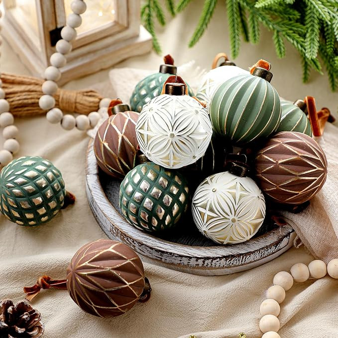 Bucherry 12 Pcs Brown Green Vintage Christmas Ball Ornaments | Amazon (US)
