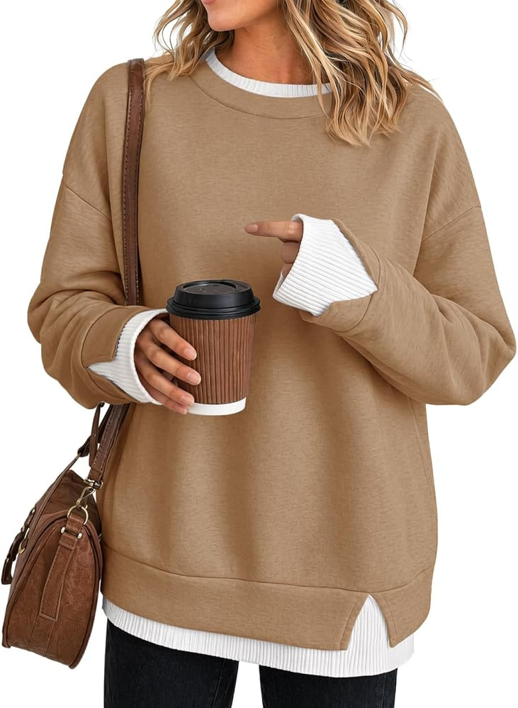 Fisoew Women Crewneck Sweatshirts Long Sleeve Loose Fit Fall Pullover Tops | Amazon (US)