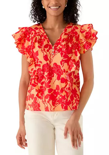 Women's Ruffle Sleeve V-Neck Floral Blouse | Belk