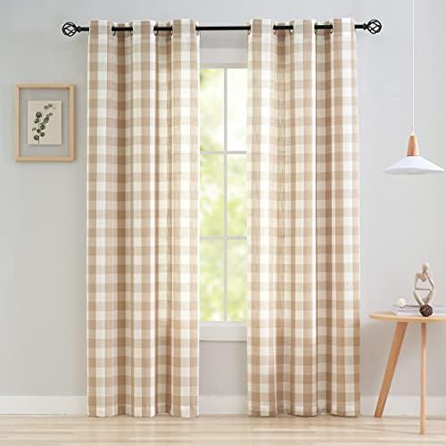 Jubilantex 2 Pieces Buffalo Check Semi Sheer Curtain Panels Tan and White Plaid Textured Curtains... | Amazon (US)