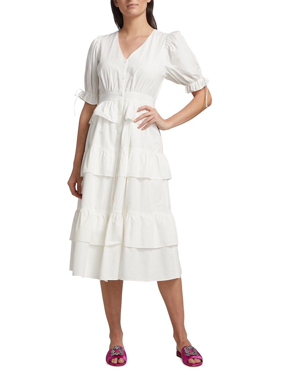 Puff-Sleeve Tiered Midi-Dress | Saks Fifth Avenue