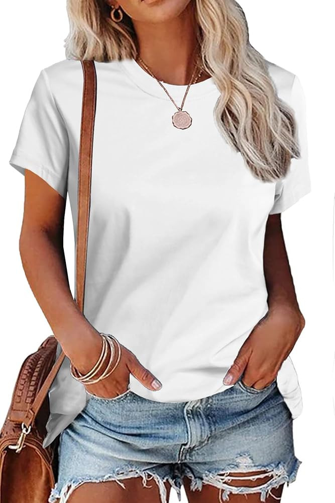 SMENG Women's Cotton Crewneck T-Shirts Short Sleeve Basic Solid Color Tee Classic-Fit Shirt Breat... | Amazon (US)