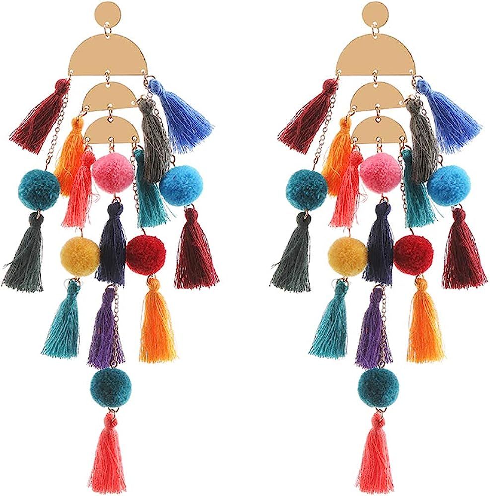 Long Tassel Earrings Statement Fringe Drop Bohemian Earrings Big Dangle for Women Fashion | Amazon (US)