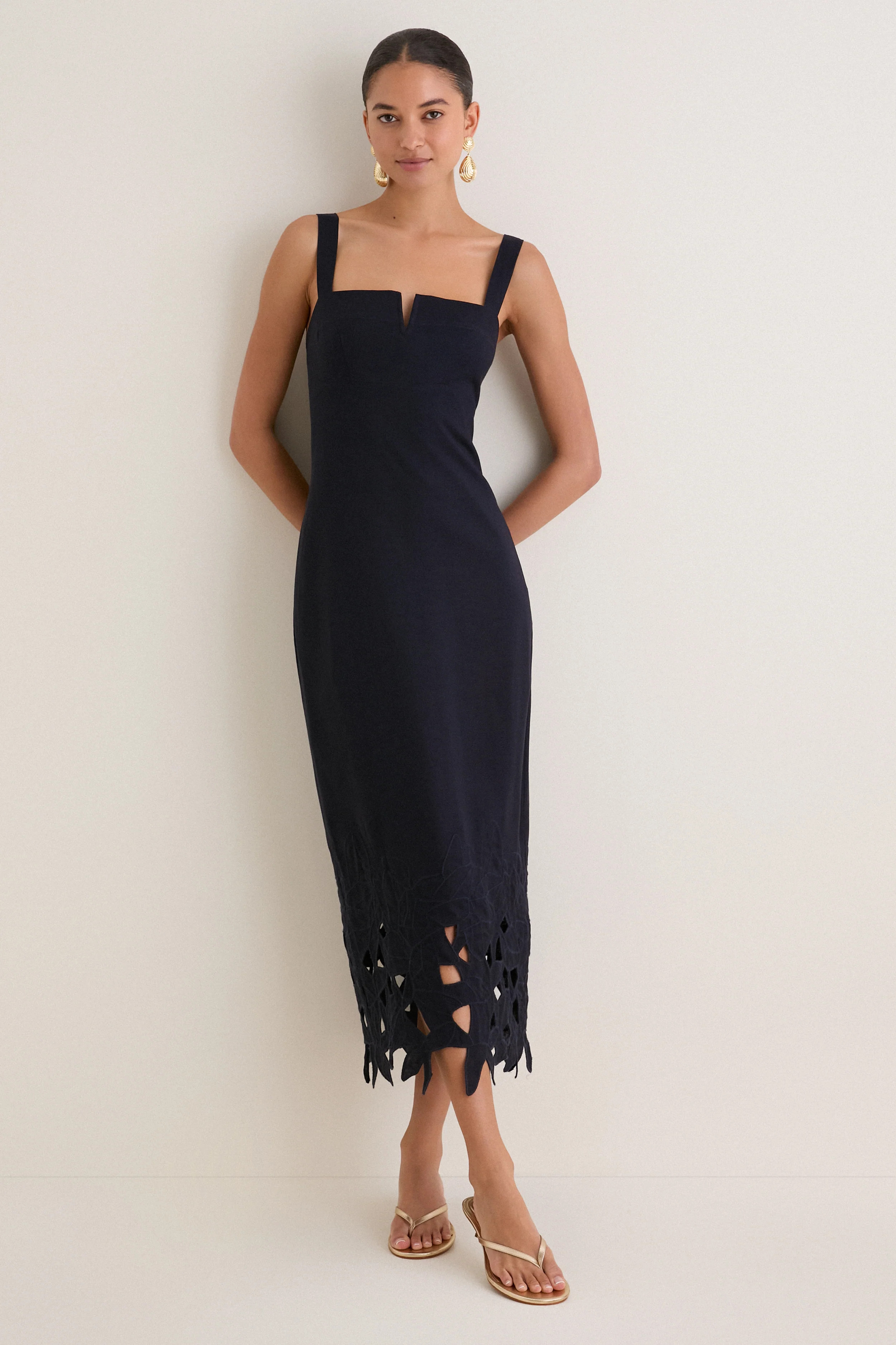 Navy Embroidered Linen Alma Midi Dress | Tuckernuck (US)