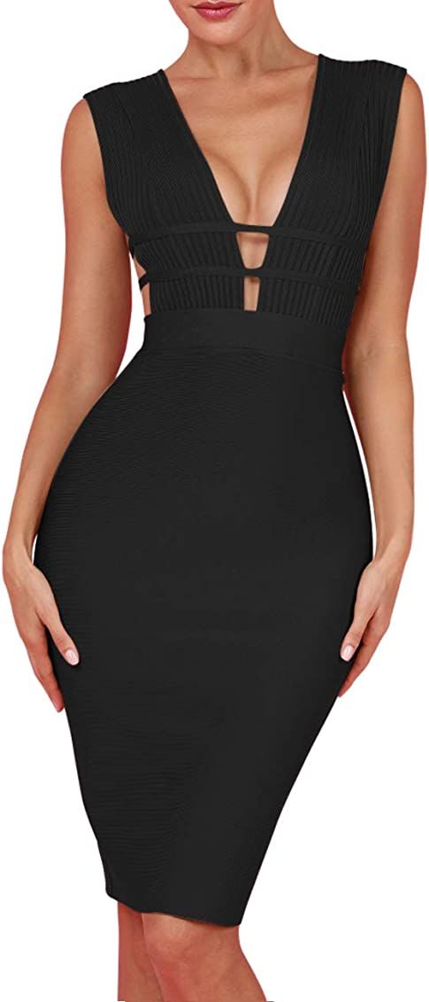 whoinshop Women 'S Sexy Deep V Plunge Sleeveless Cut Out Bodycon Bandage Cocktial Party Dresses | Amazon (US)