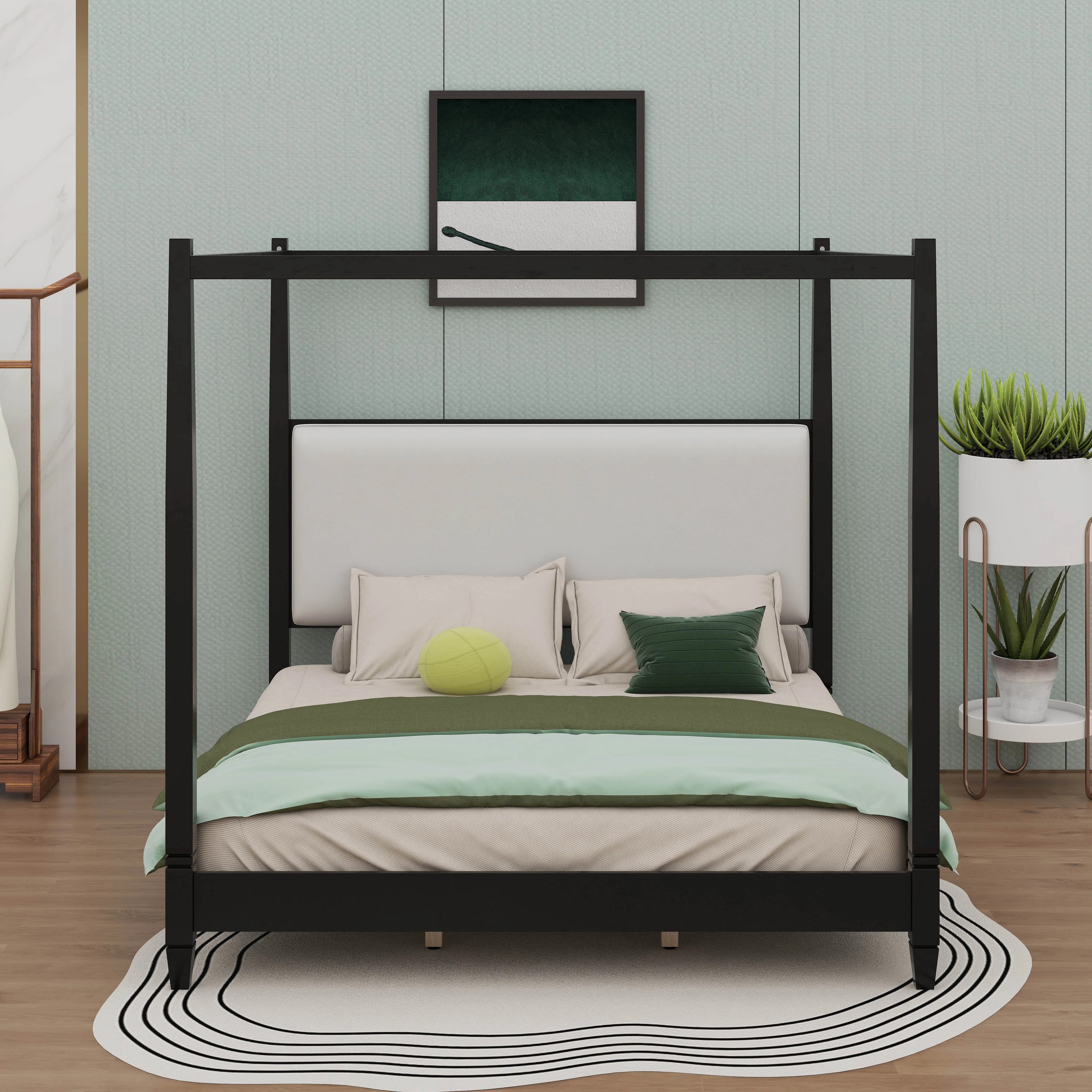 Wood Canopy Bed With Thick Upholstered Headboard, Wooden Four Posters Platform Bed Frame With Wood Slat Support | Wayfair North America