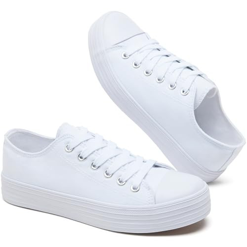 BENPAO Womens White Canvas Sneakers Casual Tennis Shoes for Women Black Fashion Sneakers Comfortable Low Top Walking Shoes(White,US9.5) | Amazon (US)