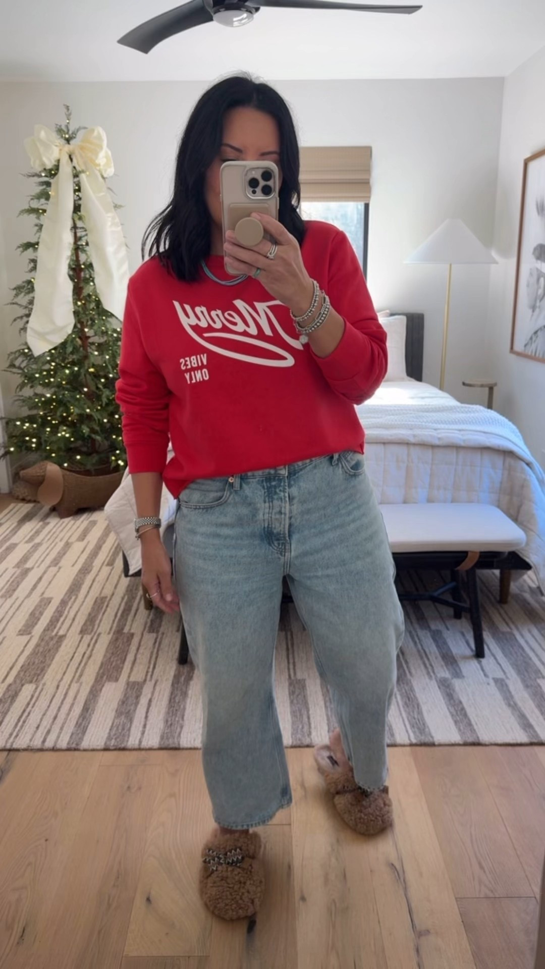 Top size large (size up for an oversized fit), jeans size 30 (I’m a size 10), slippers size 9 (they run big so size down). 

#LTKMidsize #LTKOver40 #LTKootd