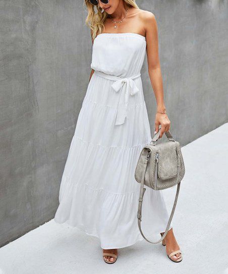 White Tie-Waist Strapless Maxi Dress - Women | Zulily