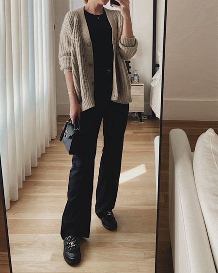 Black trousers and tan cardigan outfit
