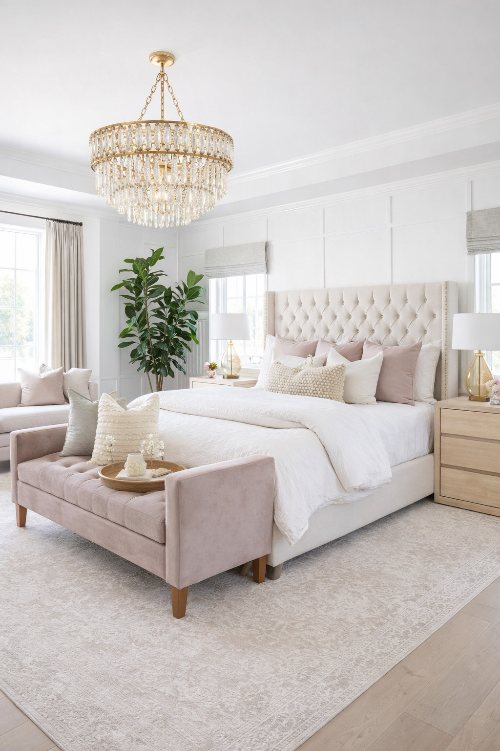 Soft + glam bedroom inspo ✨ The tufted upholstered bed, blush bench, and crisp white bedding feel so airy, while the gold crystal chandelier and glass table lamps add the perfect sparkle. If you’re shopping for a statement chandelier, upholstered bed, nightstands, or neutral throw pillows, I linked similar look-for-less finds to recreate this vibe.

#upholsteredbed #tuftedheadboard #bedroomchandelier #crystalchandelier #bedroomlighting #tablelamps #nightstands #benchatthefootofthebed #neutralbedding #whiteduvet #throwpillows #blushdecor #neutralbedroom #arearug #modernclassicdecor 

 #LTKHome