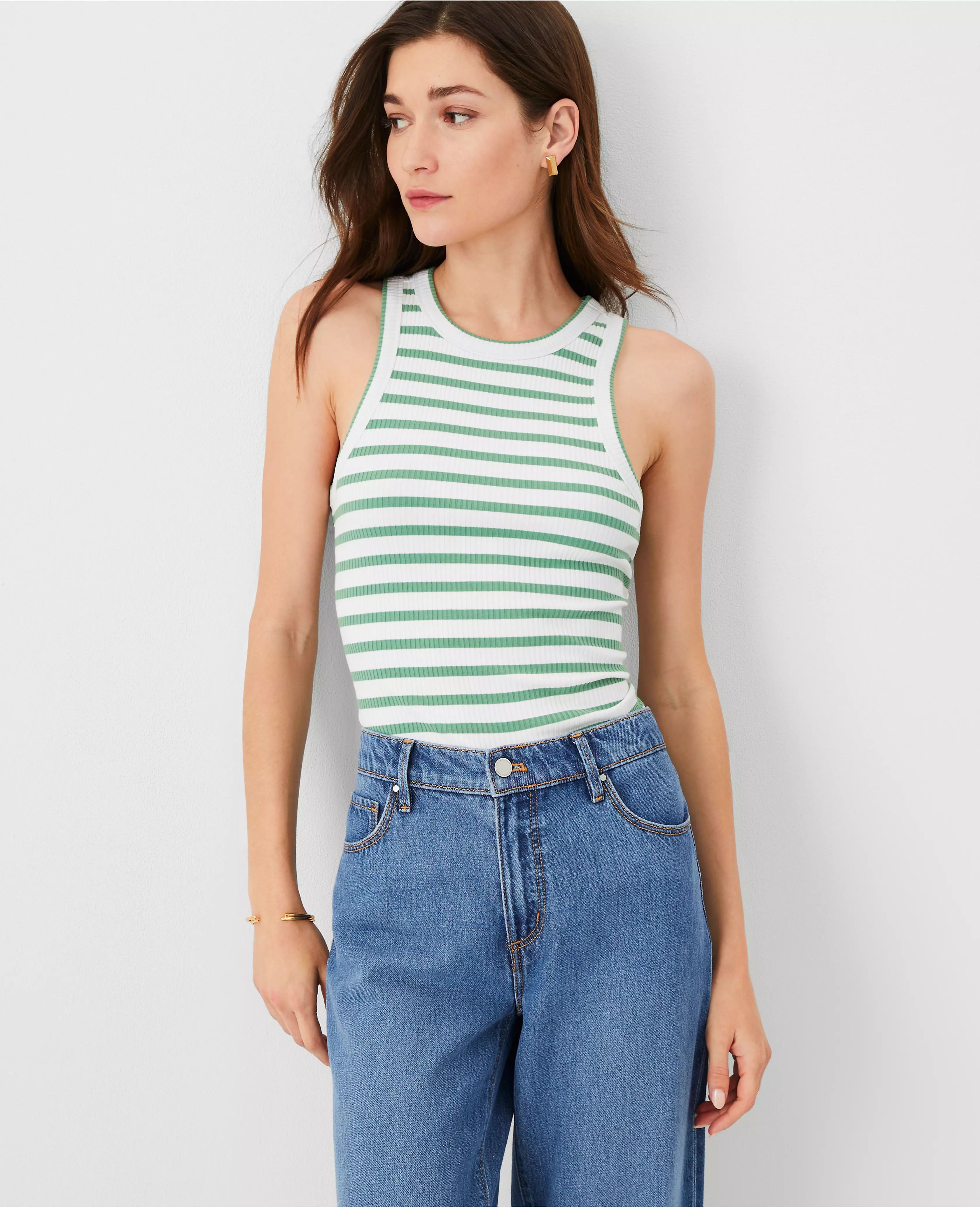 AT Weekend Striped Ribbed Tank Top | Ann Taylor (US)