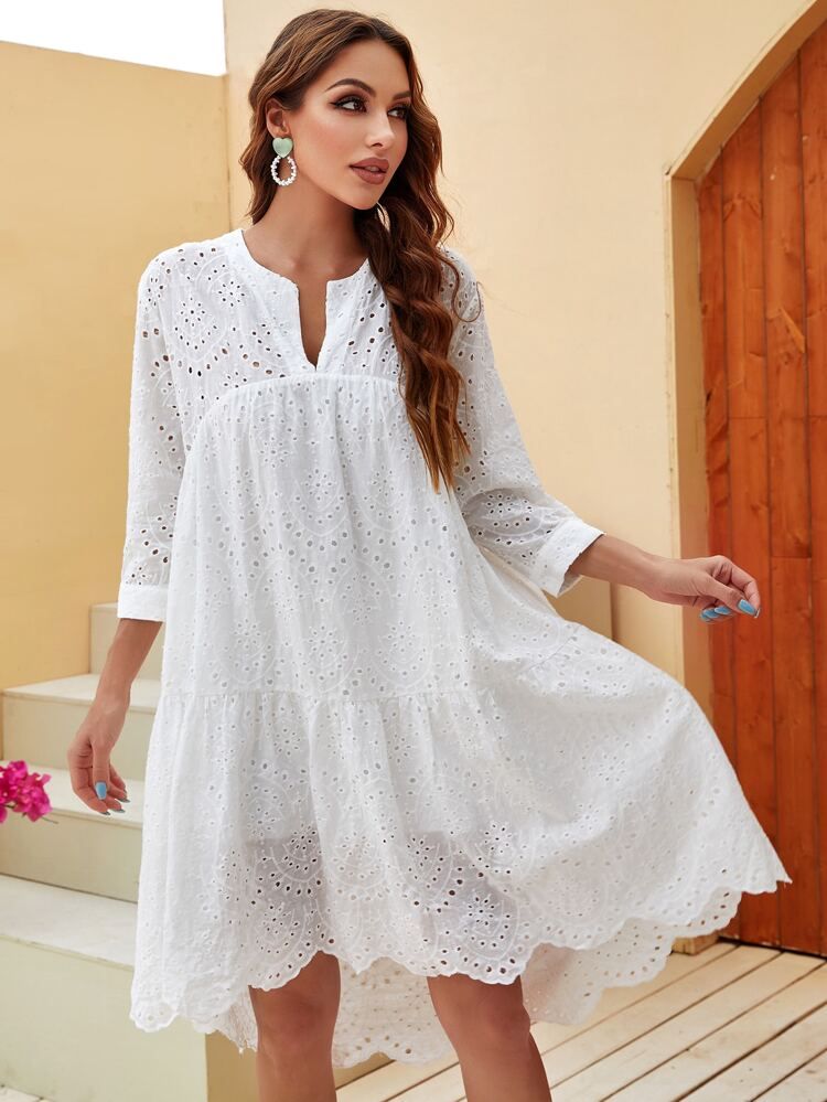 Notched Neck Eyelet Embroidery High Low Dress | SHEIN