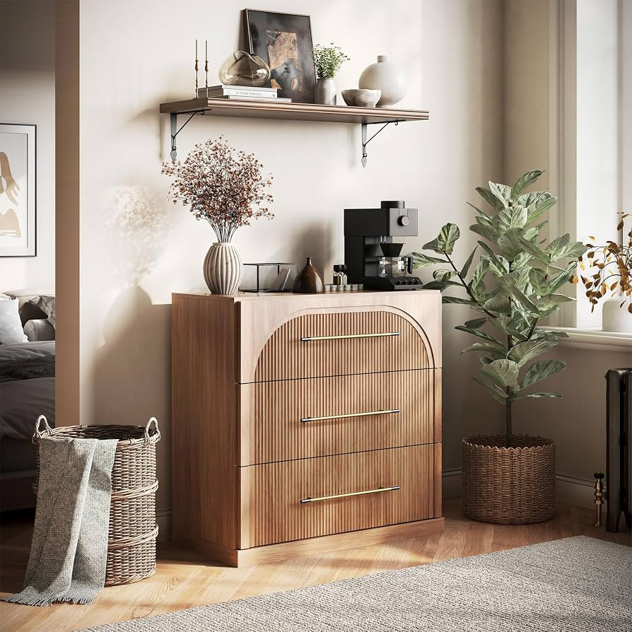 BELLEZE 32.5" Kitchen Storage Cabinet with 3 Drawers,Freestanding Accent Cabinet with Fluted Arch... | Amazon (US)