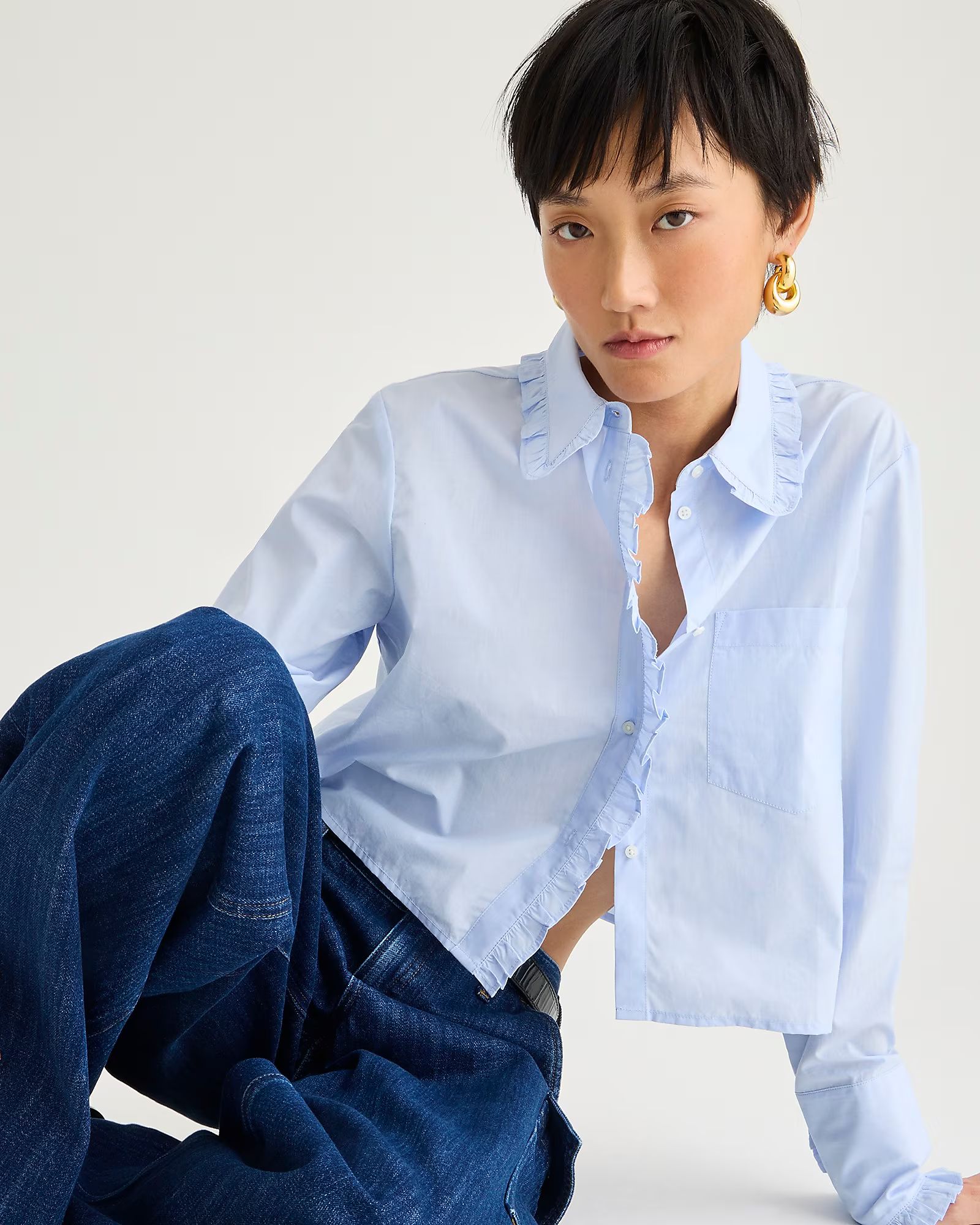 Ruffle-trim button-up shirt in cotton poplin | J.Crew US