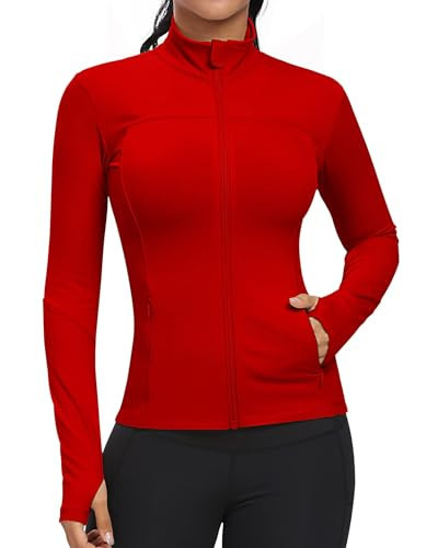 GYM RAINBOW Workout Jackets for Women, Full Zip Slim Fit Lightweight Athletic Running Sports Track Jacket with Pockets(1-Red,Small) | Amazon (US)