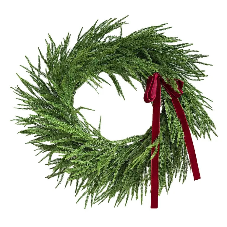 Faux Norfolk Pine And Cedar Christmas Wreath With Velvet Bow - Real Touch Faux Greenery Holiday F... | Walmart (US)