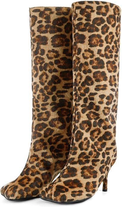 Women's Knee High Suede Boots for Women Wide Calf Square Toe Stiletto Heels Tall Boots Pull On Hi... | Amazon (US)