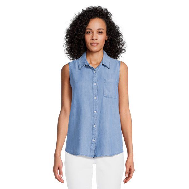 Time and Tru Women’s Chambray Sleeveless Shirt, Sizes XS-XXXL - Walmart.com | Walmart (US)