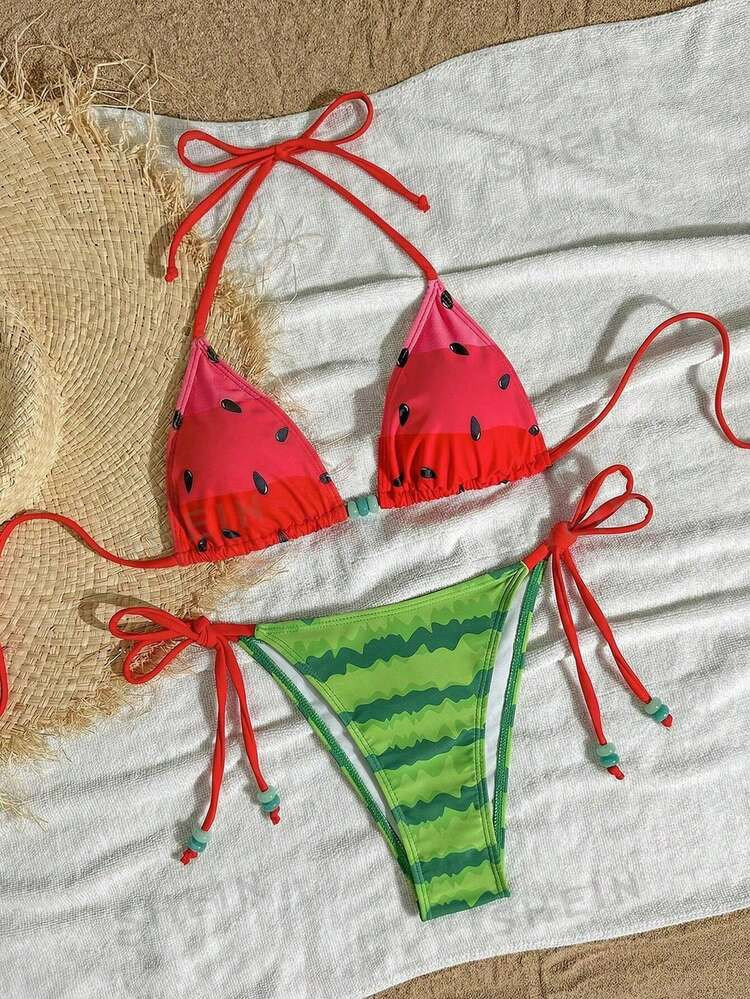 Swim Mod Women's Watermelon Print Halter Neck Swimwear Set | SHEIN
