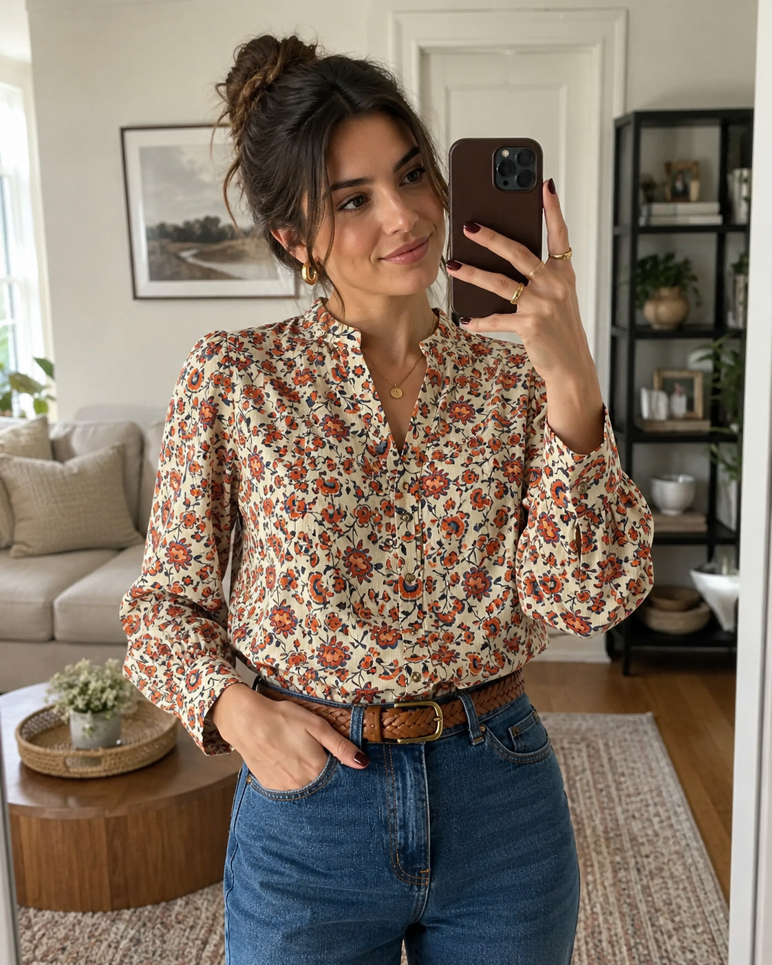 This floral blouse is such an easy everyday fall piece. The cream base keeps it light and wearable, while the orange and rust floral print adds that perfect seasonal touch. It looks so cute tucked into jeans with a woven belt and gold jewelry for a casual but put-together fall look. #FloralBlouse #FallOutfitIdeas #EverydayFallStyle #AutumnFashion #FallFashionFinds #CasualStyle #LTKFashion 

 #LTKSeasonal #LTKU #LTKSaleAlert