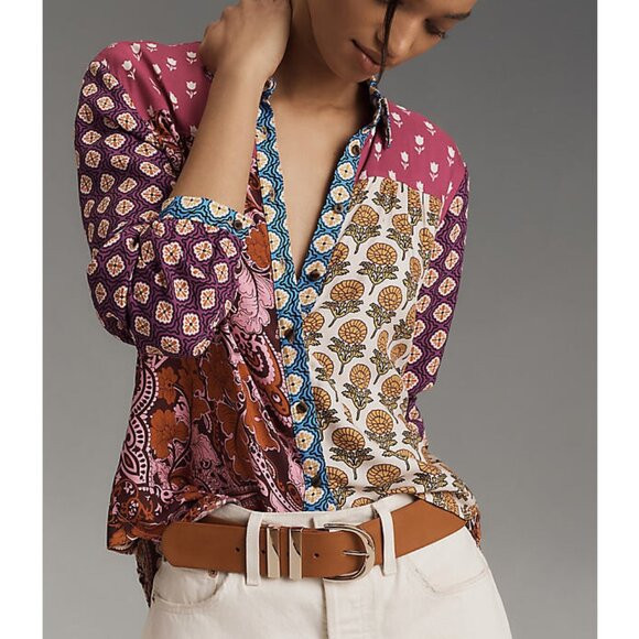 Anthropologie Maeve Paz Alida Contrast Buttondown Shirt Raspberry M Petite MP | Poshmark