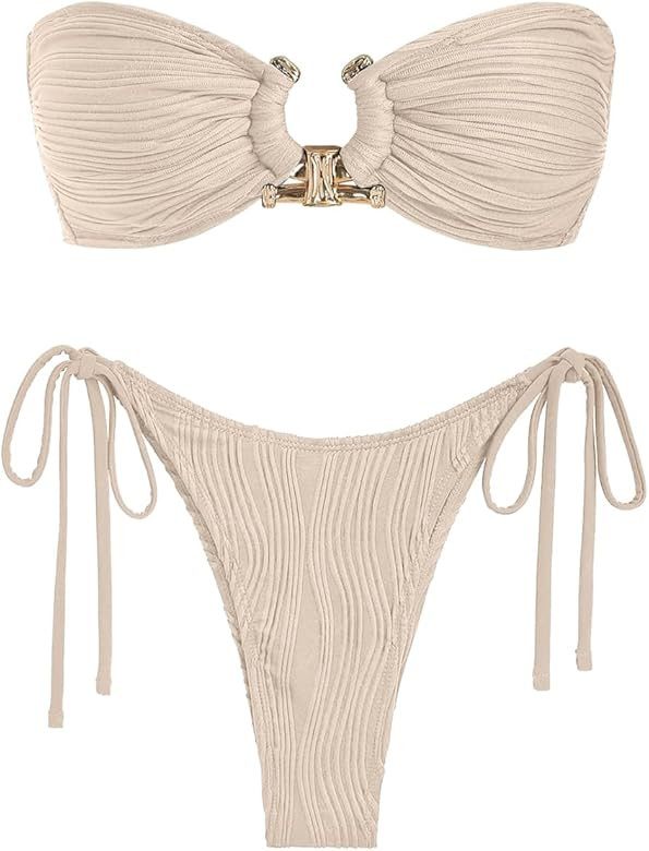 ZAFUL Women Bikini Sets Ribbed Textured Metal Two Piece Adjustable Tie Back Bandeau Bathing Suit ... | Amazon (US)