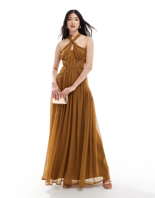 ASOS DESIGN halter ruched maxi dress with lace insert and cut out in brown | ASOS (Global)