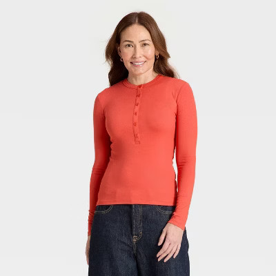 Women's Long Sleeve Henley Shirt - Universal Thread™ Rust XL | Target