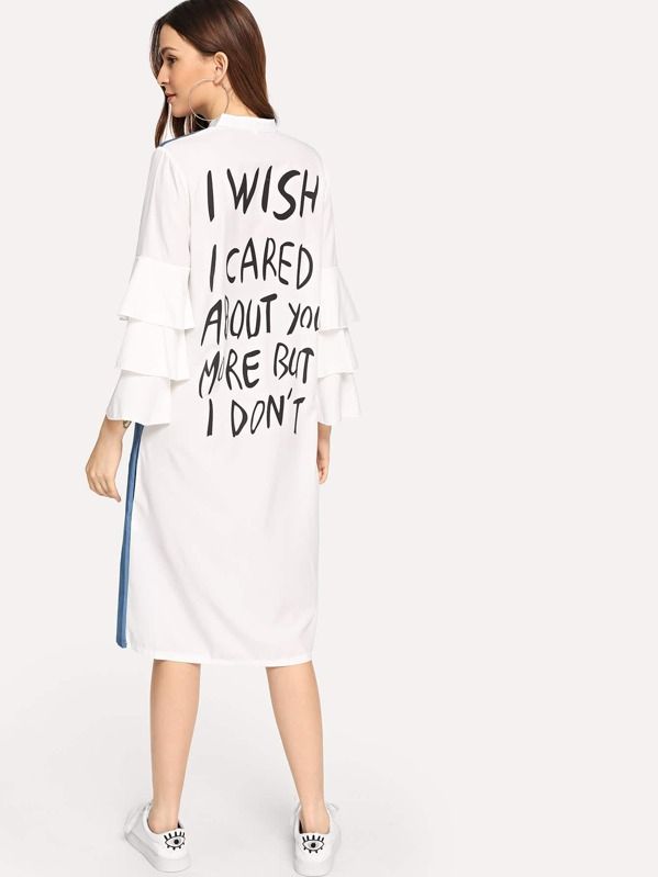 Slogan Print Back Tiered Sleeve Dress | SHEIN