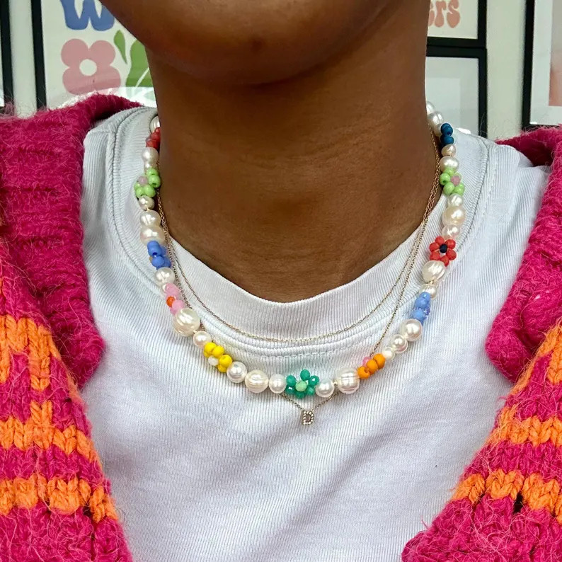 Summer Necklace, Pearl Necklace, Chunky Necklace, Beaded Necklace, Flower Pearl Choker, Colorful ... | Etsy (US)