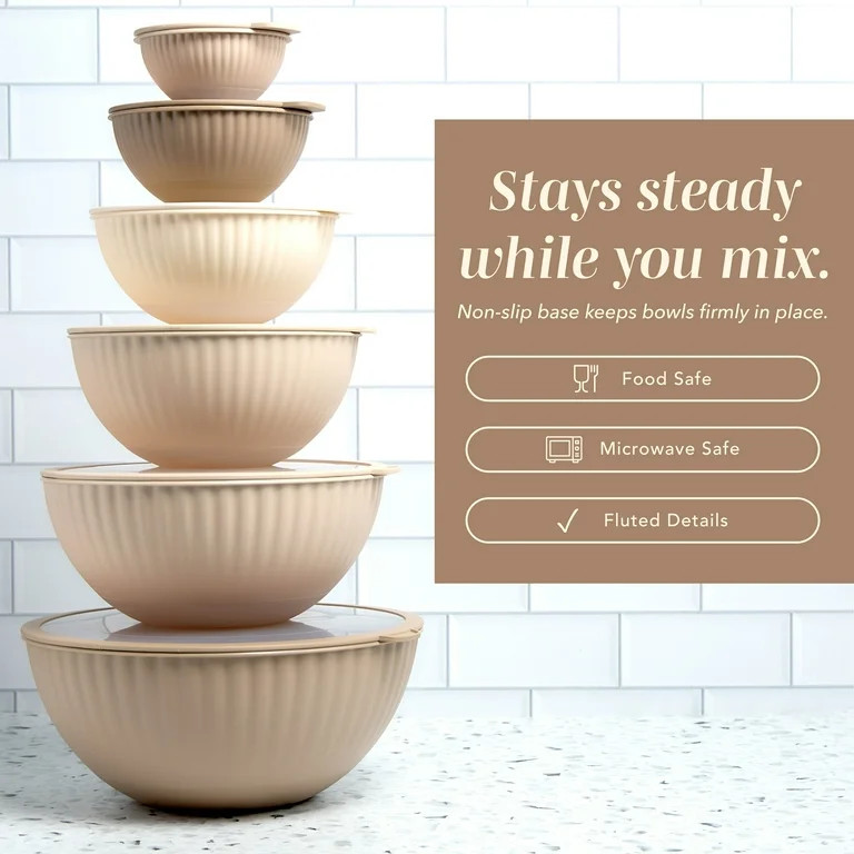 Cook with Color 12-Piece Mixing Bowl Set with Non-Slip Silicone Base and Transparent Lids, Taupe | Walmart (US)