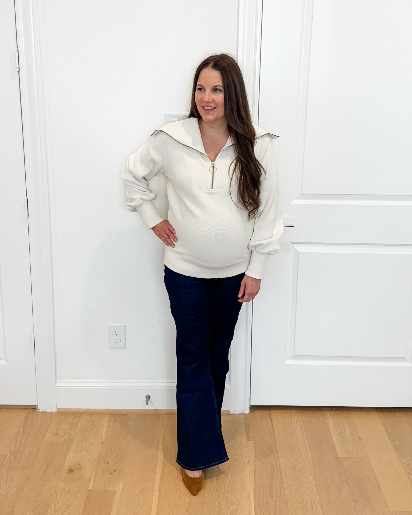Everyday Dressy Casual

This winter outfit is perfect if you love an easy dressy casual outfit during pregnancy. The half-zip pullover with an oversized collar adds texture and warmth, while the dark blue bootcut flared jeans keep the look flattering and comfortable. Finished with brown heels, it’s one of my favorite maternity outfit formulas and a great example of stylish winter outfits women can wear while pregnant.


#LTKBump #LTKWorkwear #LTKSeasonal