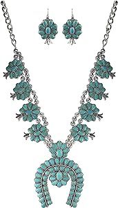 Turquoise Vintage Squash Blossom Metal Statement Necklace/w Earrings No.516 | Amazon (US)
