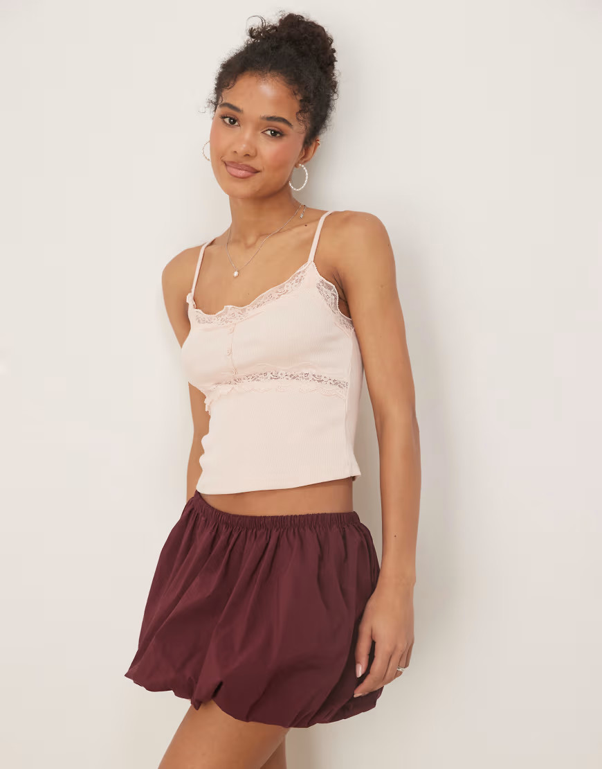 ASOS DESIGN ribbed cami top with lace and button detail in pink | ASOS (Global)