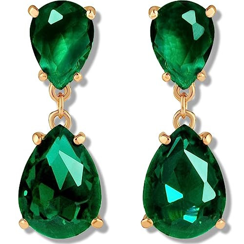 Simulated Emerald Earrings for Women - Long Teardrop Green and Gold Earrings, Formal Evening Wear Large Studs with Elegant Emerald Green Stone, Fancy Gold-Tone Chandelier Tear Drop Statement Jewelry | Amazon (US)