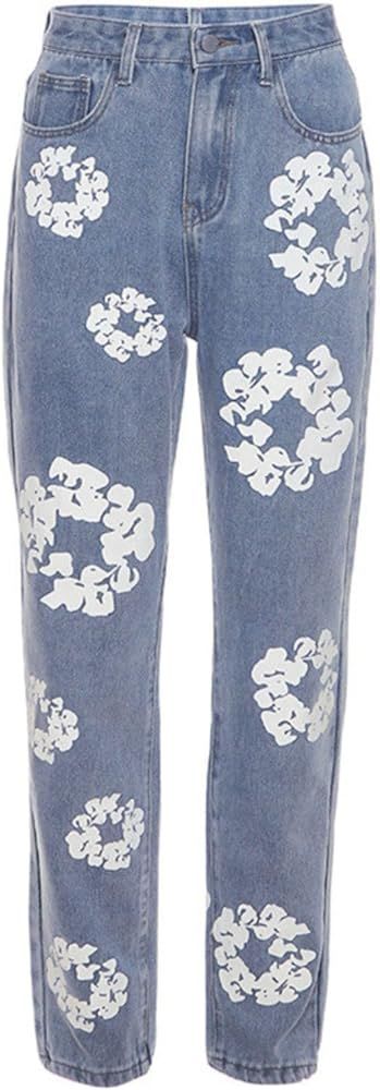 Women's White Floral Printed Jeans Straight Leg High Waisted Denim Pants | Amazon (US)