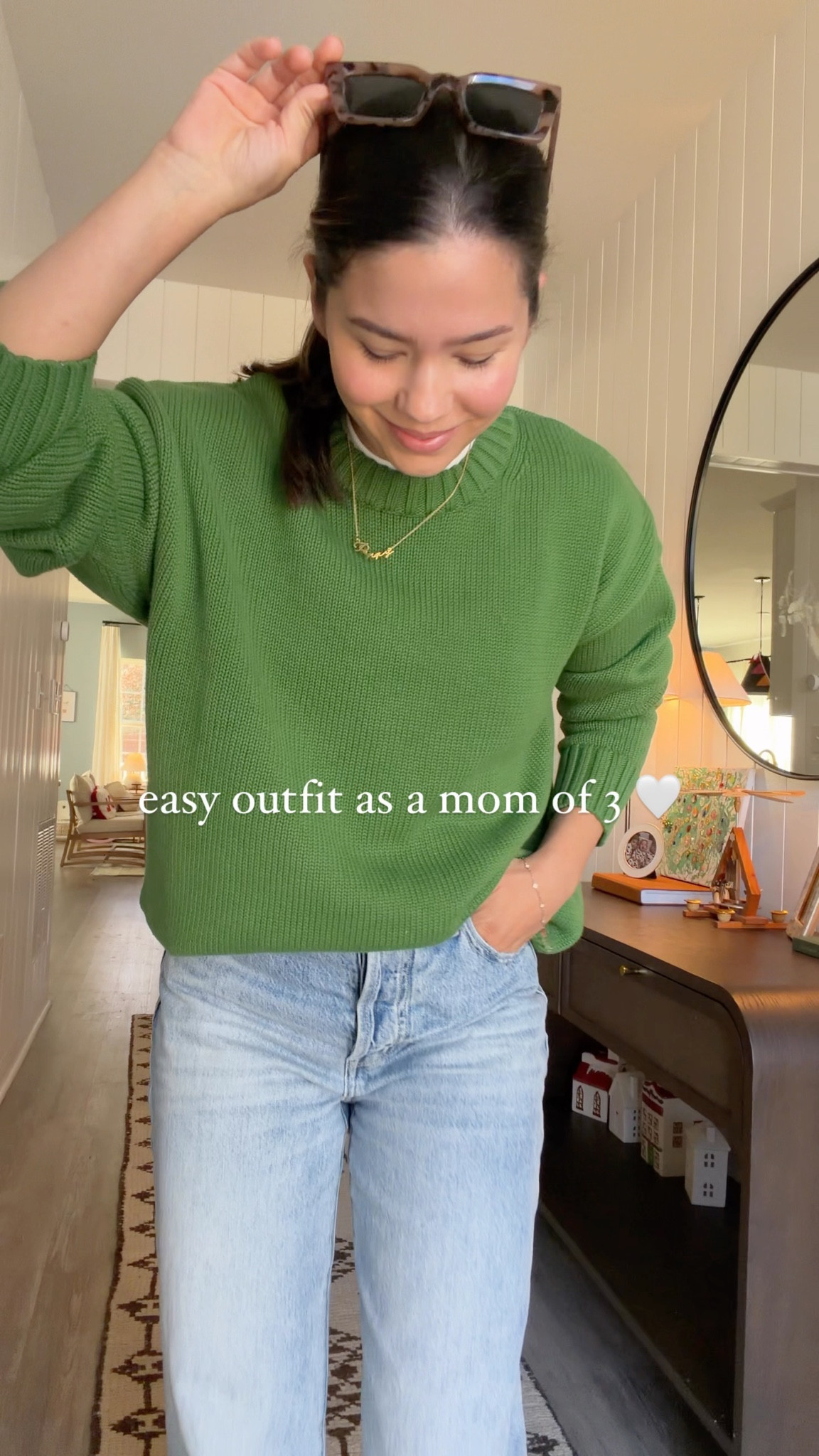 Mom outfit 💚 
XS in sweater - it runs oversized!! 

Petite friendly  
Casual
Everyday style 

#LTKmomlife #LTKgrwm #LTKPetite