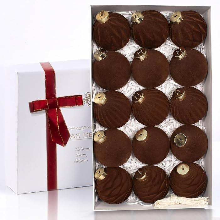 15PCS Brown Velvet Flocked Christmas Ornaments, 3.15" Shatterproof Matte Balls for Xmas Tree Deco... | Amazon (US)