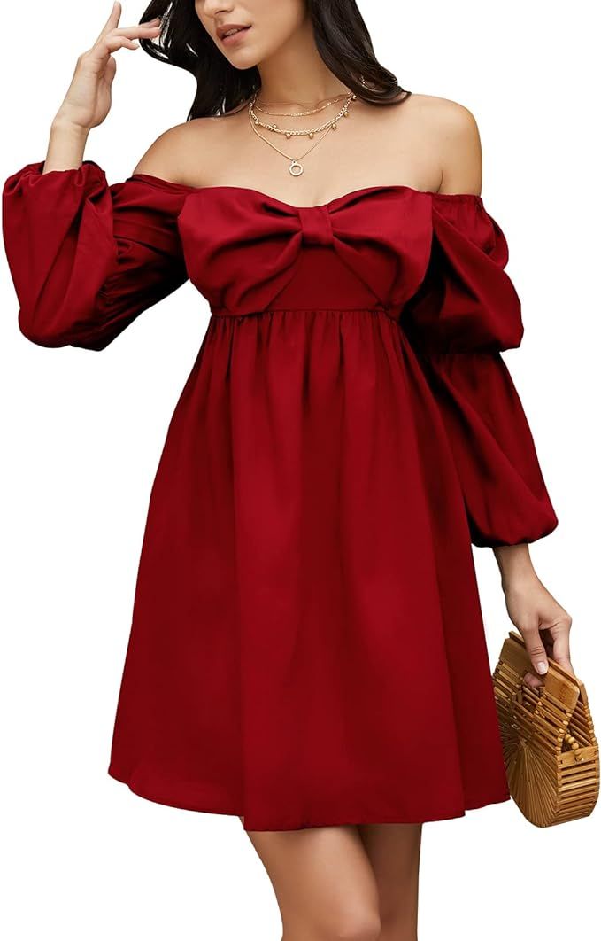 EXLURA Womens Casual Mini Dress Square Bow Neck Long Puff Sleeve Dress Empire Waist Boho Wedding ... | Amazon (US)