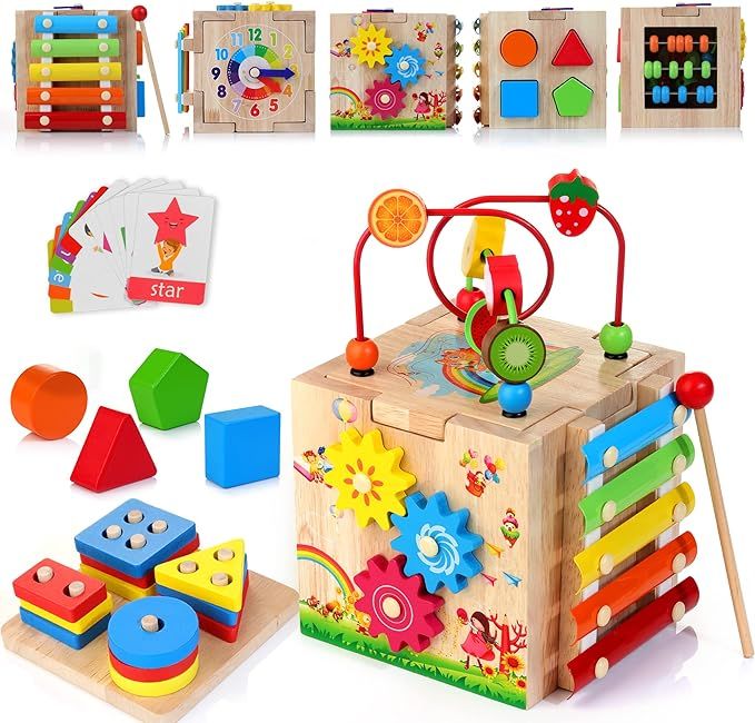 HELLOWOOD Wooden Kids Baby Activity Cube, 8-in-1 Toys Gift Set for 12M+ Girls & Boys, Bonus Sort ... | Amazon (US)