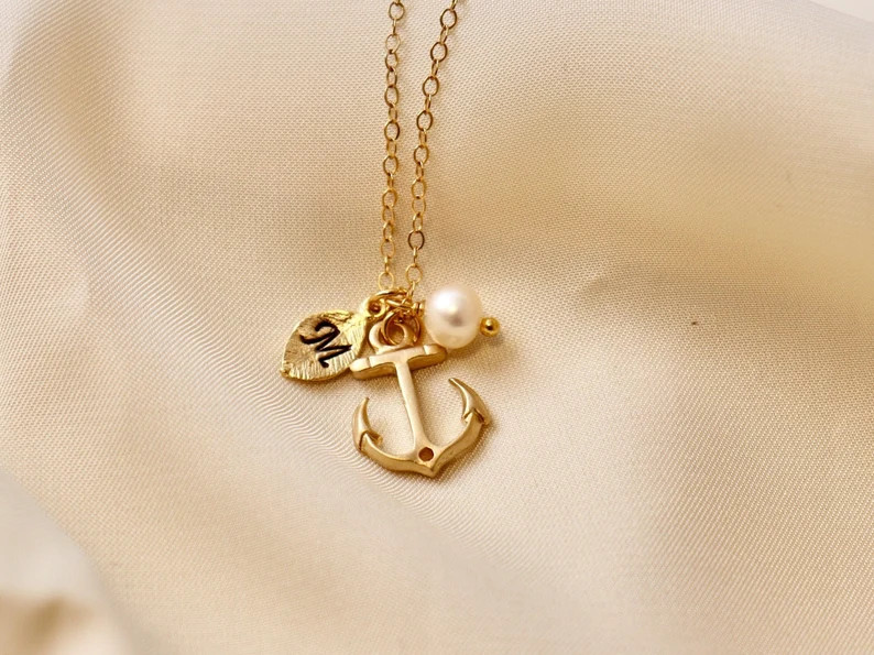 Personalized Gold Anchor Necklace, Custom Initial, Anchor Jewelry, Best Friend Necklace, Christma... | Etsy (US)