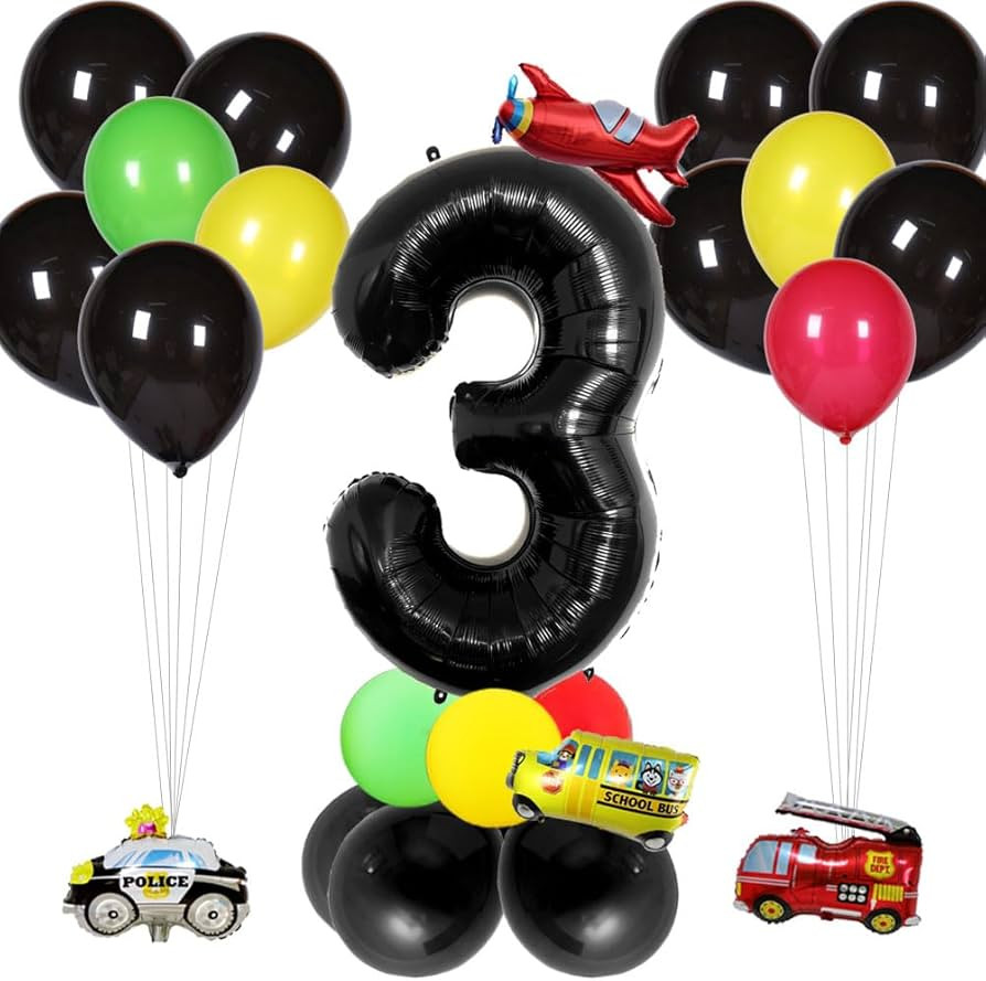 32pcs Cars Birthday Party Supplies, Large 32Inch Black Number 3 Balloon Transportation Birthday D... | Amazon (US)
