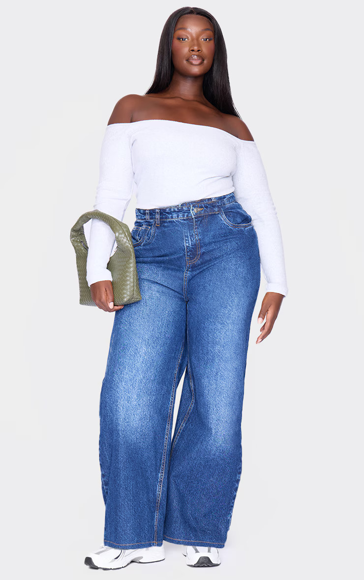 Plus White Brushed Rib Bardot Long Sleeve Bodysuit | PrettyLittleThing US