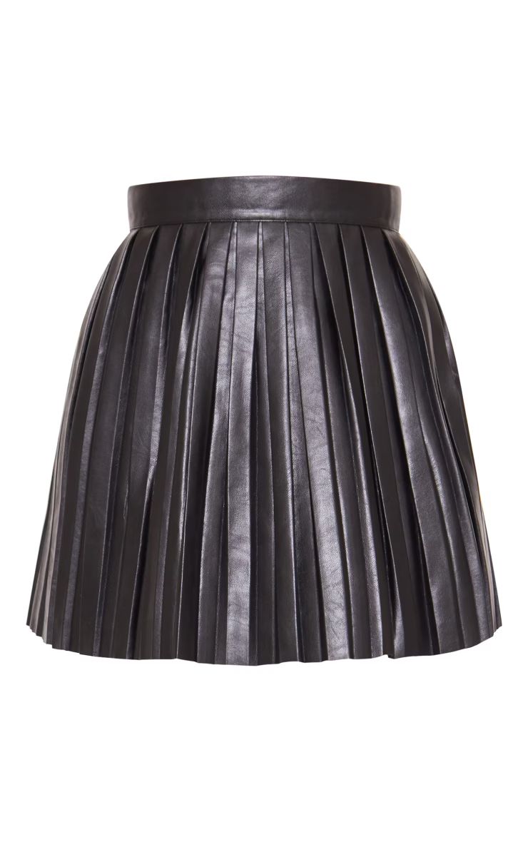 Black Faux Leather Pleated Skater Skirt | PrettyLittleThing US