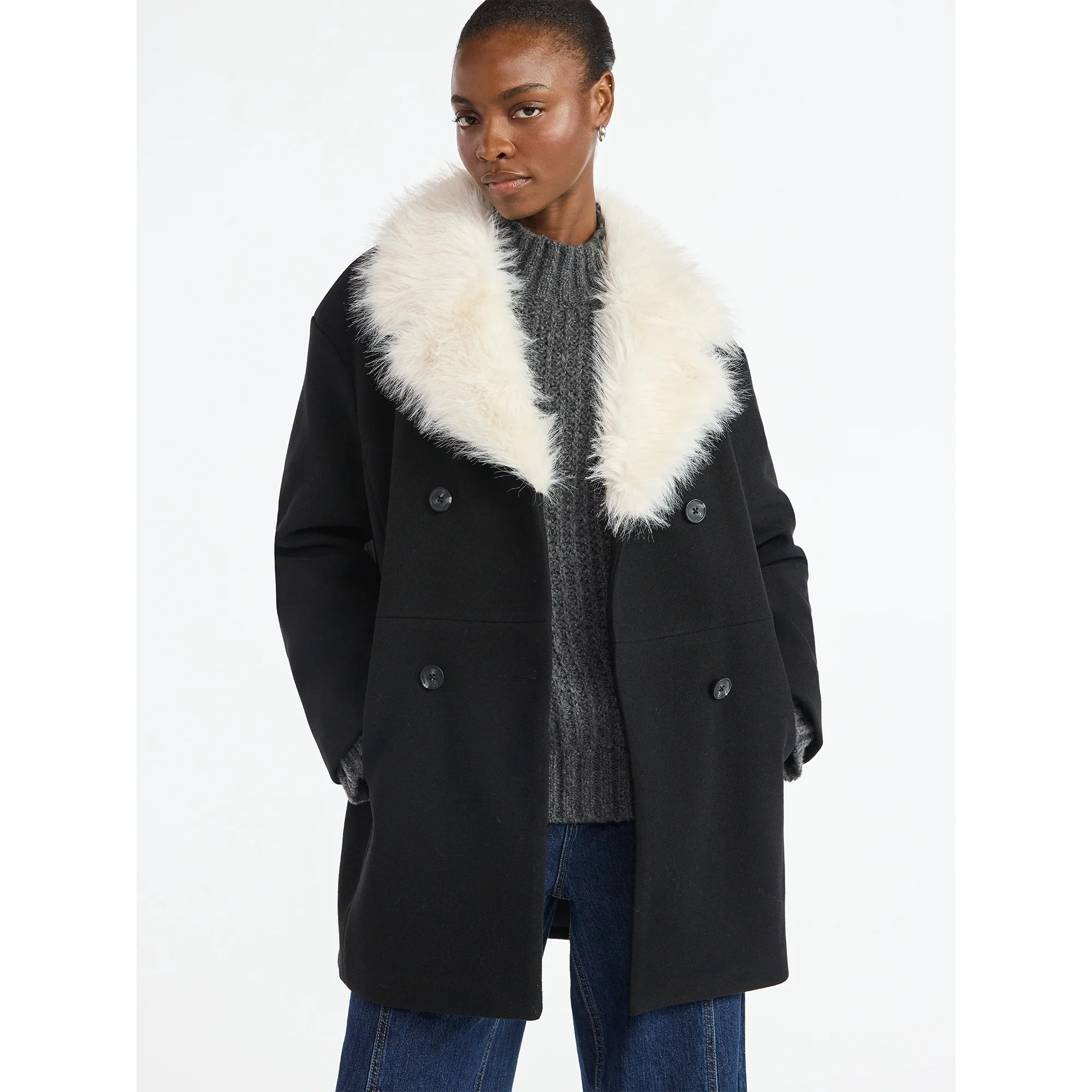 Scoop Women's and Women's Plus Oversized Faux Fur Collar Coat, Heavyweight, Sizes XS-4X | Walmart (US)